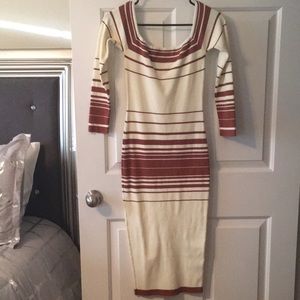 Fashion Nova off the shoulder cream and brown dress.